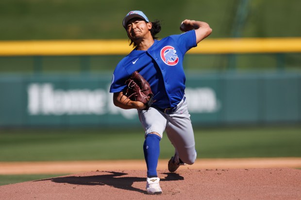 Cubs starter Shota Imanaga pitches during live batting practice during spring training at Sloan Park on Feb. 19, 2026, in Mesa, Ariz. (Armando L. Sanchez/Chicago Tribune)