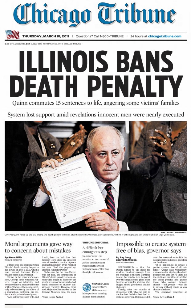 Illinois Gov. Pat Quinn abolishes the death penalty in the state on March 9, 2011. (Chicago Tribune)