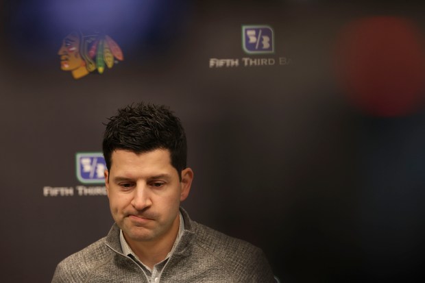 General manager Ryan Davidson speaks Thursday, Sept. 18, 2025, as the Chicago Blackhawks begin training camp at Fifth Third Arena. (Brian Cassella/Chicago Tribune)