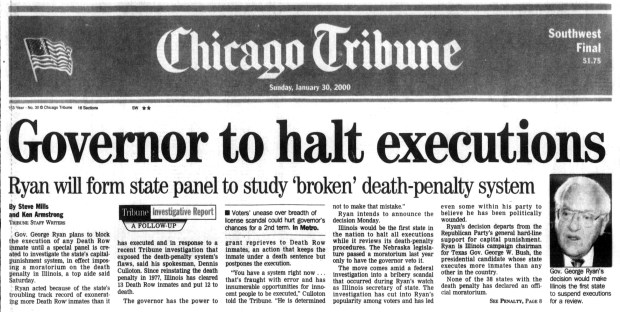 Following a Tribune investigation that exposed the death penalty system's flaws, Illinois Gov. George Ryan blocks the execution of any death row inmate in Illinois. (Chicago Tribune)