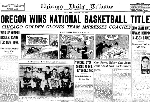 Oregon won the first NCAA men's basketball championship on March 27, 1939 at Patten Gym on the campus of Northwestern University in Evanston. (Chicago Tribune)
