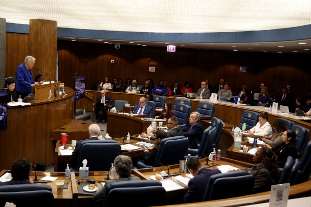 Cook County Board President Toni Preckwinkle presides over a board meeting Nov. 20, 2025, before the vote on the 2026 budget proposal. (Antonio Perez/Chicago Tribune)