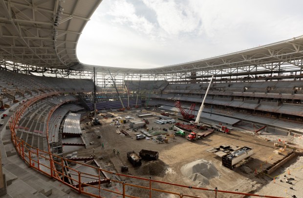 Workers continue construction of Northwestern's Ryan Field in Evanston on Nov. 21, 2025. (Dominic Di Palermo/Chicago Tribune)