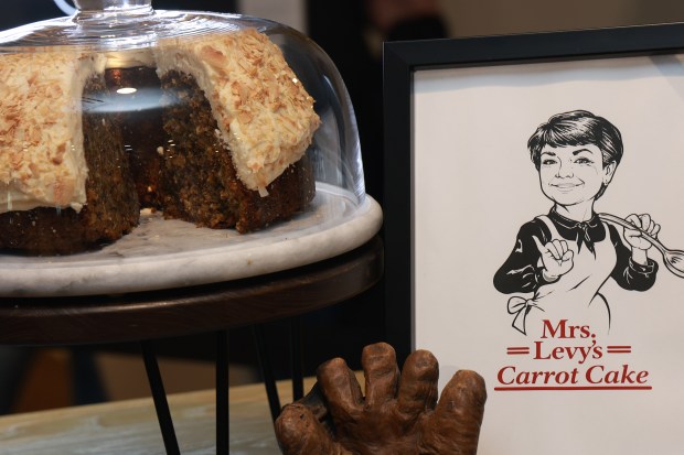 Mrs. Levy's Original Carrot Cake, cream cheese frosting and toasted coconut, on display, as the Chicago White Sox hold a media preview to showcase new food and beverage highlights at Rate Field, Wednesday, March 18, 2026. (Antonio Perez/Chicago Tribune)