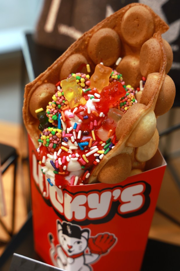 Rainbow Bubble Waffle on display, as the Chicago White Sox hold a media preview to showcase new food and beverage highlights at Rate Field, Wednesday, March 18, 2026. (Antonio Perez/Chicago Tribune)