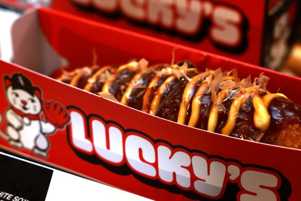 Tonkatsu Dog, on display, as the Chicago White Sox hold a media preview to showcase new food and beverage highlights at Rate Field, Wednesday, March 18, 2026. (Antonio Perez/Chicago Tribune)
