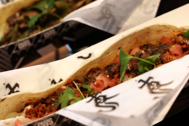 Machete, "giant quesadilla" made with chicken chorizo, queso Oaxaca, and orange salsa, on display, as the Chicago White Sox hold a media preview to showcase new food and beverage highlights at Rate Field, Wednesday, March 18, 2026. (Antonio Perez/Chicago Tribune)