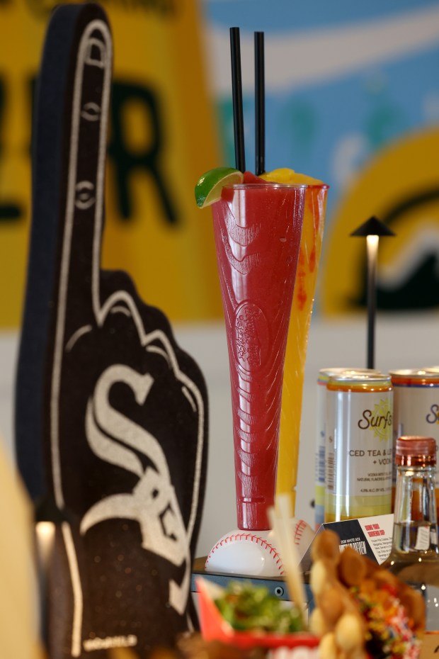 Going Yard Souvenir Cup, frozen Piña Coladas, strawberry Margaritas, Mangonadas and more, on display, as the Chicago White Sox hold a media preview to showcase new food and beverage highlights at Rate Field, Wednesday, March 18, 2026. (Antonio Perez/Chicago Tribune)