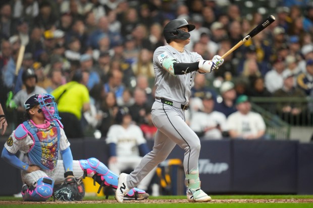 White Sox first baseman Munetaka Murakami watches his solo home run in the fourth inning against the Brewers on March 28, 2026, in Milwaukee. (John Fisher/Getty)