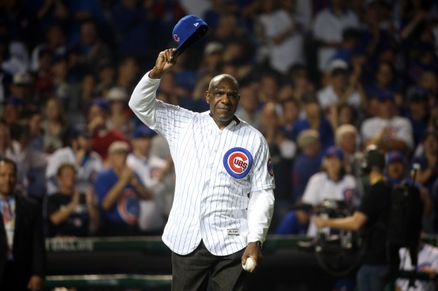 Former Cub Andre Dawson throws out the first pitch as the Chicago Cubs host the Los Angeles Dodgers in Game 2 of the National League Championship Series in 2016 at Wrigley Field. (Brian Cassella/Chicago Tribune)