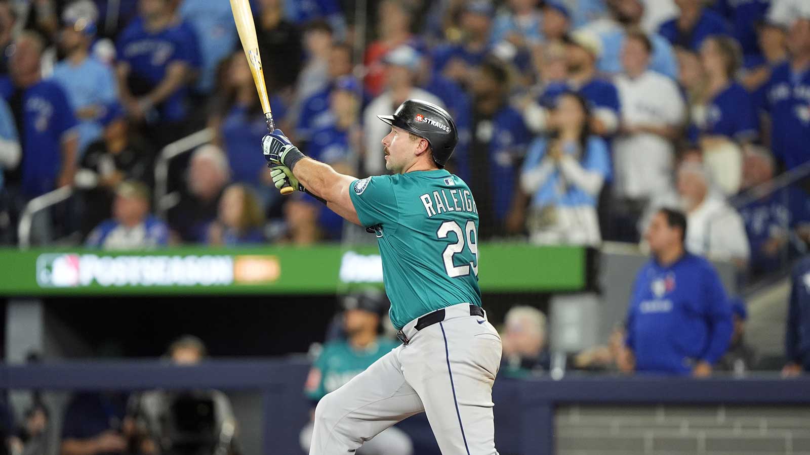 Seattle Mariners catcher Cal Raleigh (29) hits a solo home run against the Toronto Blue Jays in the sixth inning during game one of the ALCS round for the 2025 MLB playoffs at Rogers Centre.