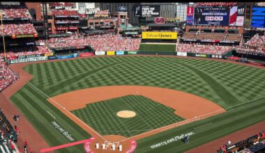 A look at Busch Stadium in St. Louis on March 26, 2026 ahead of the Major League baseball season opening game between the Cardinals and the Tampa Bay Rays. (Spectrum News/Gregg Palermo)