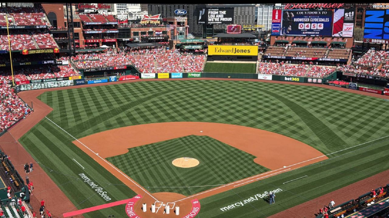 A look at Busch Stadium in St. Louis on March 26, 2026 ahead of the Major League baseball season opening game between the Cardinals and the Tampa Bay Rays. (Spectrum News/Gregg Palermo)