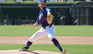 Los Angeles Dodgers pitcher Emmet Sheehan (80) throws against the Athletics in the first inning at Camelback Ranch-Glendale.