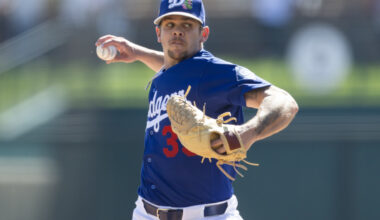 Feb 24, 2026; Phoenix, Arizona, USA; Los Angeles Dodgers pitcher Gavin Stone against the Cleveland Guardians during a spring training game at Camelback Ranch-Glendale. Mandatory Credit: Mark J. Rebilas-Imagn Images