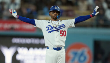 Mar 30, 2026; Los Angeles, California, USA; Los Angeles Dodgers shortstop Mookie Betts (50) celebrates after hitting a double against the Cleveland Guardians in the ninth inning at Dodger Stadium. Mandatory Credit: Kirby Lee-Imagn Images