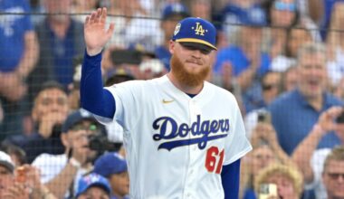 Mar 27, 2026; Los Angeles, California, USA; Los Angeles Dodgers pitcher Will Klein (61) waves during the World Series ring ceremony before the game against the Arizona Diamondbacks at Dodger Stadium. Mandatory Credit: Jayne Kamin-Oncea-Imagn Images
