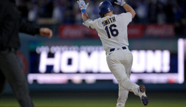 Mar 28, 2026; Los Angeles, California, USA; Los Angeles Dodgers catcher Will Smith (16) celebrates after hitting a two-run home run during the eighth inning against the Arizona Diamondbacks at Dodger Stadium. Mandatory Credit: Jayne Kamin-Oncea-Imagn Images