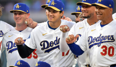 Mar 27, 2026; Los Angeles, California, USA; Los Angeles Dodgers two-way player Shohei Ohtani (17) and the team pose for a photo showing their World Series rings during a ceremony prior to the game against the Arizona Diamondbacks at Dodger Stadium. Mandatory Credit: Jayne Kamin-Oncea-Imagn Images