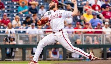 Arkansas Razorbacks starting pitcher Zach Root (33) pitches against the UCLA Bruins during the first inning at Charles Schwab Field.