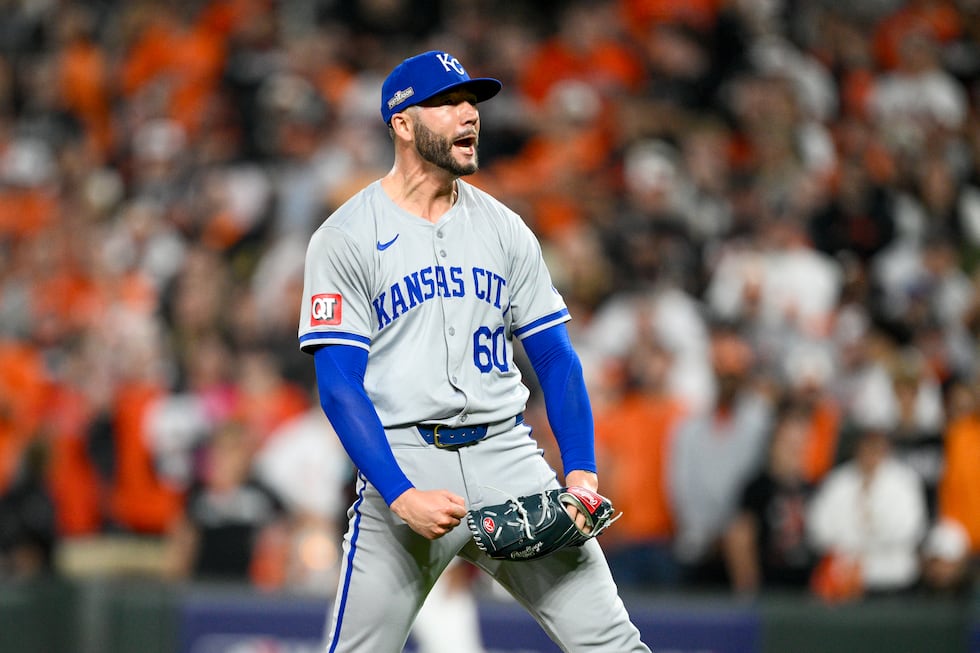 Kansas City Royals pitcher Lucas Erceg reacts after striking out Baltimore Orioles' Gunnar...