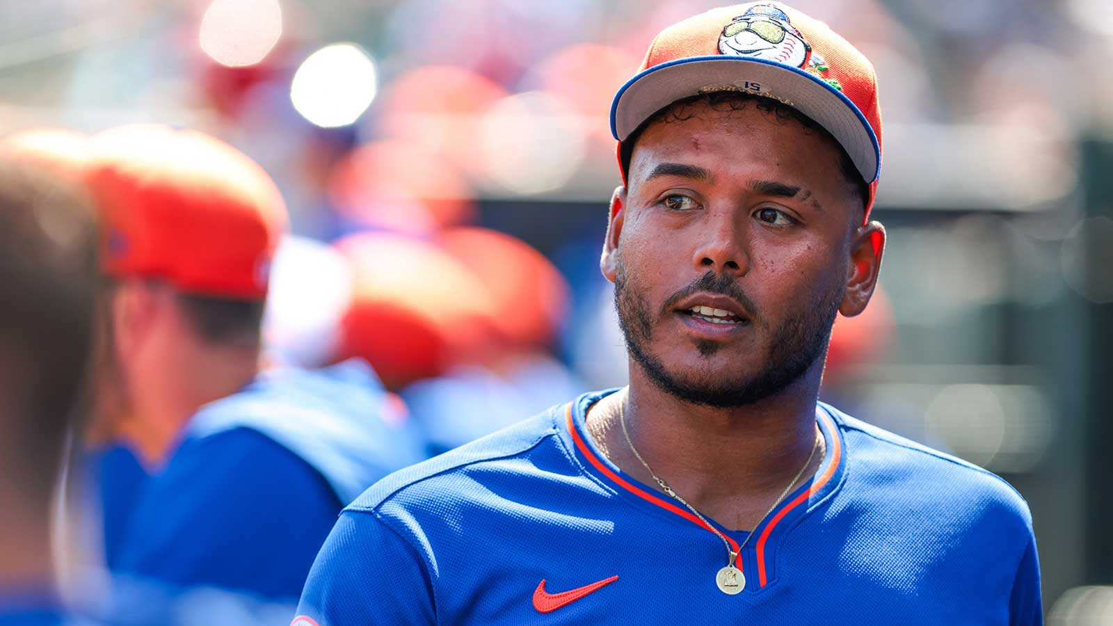 New York Mets starting pitcher Freddy Peralta (51) looks on against the St. Louis Cardinals during the first inning at Roger Dean Chevrolet Stadium.