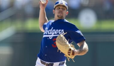 Feb 24, 2026; Phoenix, Arizona, USA; Los Angeles Dodgers pitcher Gavin Stone against the Cleveland Guardians during a spring training game at Camelback Ranch-Glendale. Mandatory Credit: Mark J. Rebilas-Imagn Images