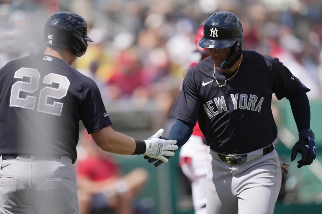 George Lombard Jr. celebrates with Ben Rice after hitting a homer off Garrett Crochet in the first inning of the Yankees' 4-0 spring training win over the Red Sox on March 4, 2026.