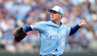 Cole Ragans #55 of the Kansas City Royals pitches during the opening day game against the Cleveland Guardians at Kauffman Stadium on March 27, 2025 in Kansas City, Missouri.