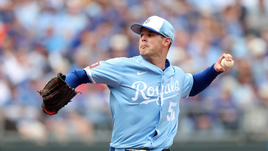 Cole Ragans #55 of the Kansas City Royals pitches during the opening day game against the Cleveland Guardians at Kauffman Stadium on March 27, 2025 in Kansas City, Missouri.