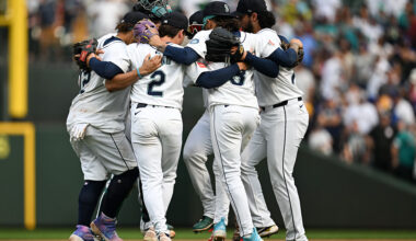 SEATTLE, WA - AUGUST 27: Members of the Seattle Mariners celebrate after winning the game between the San Diego Padres and the Seattle Mariners at T-Mobile Park on Wednesday, August 27, 2025 in Seattle, Washington.
