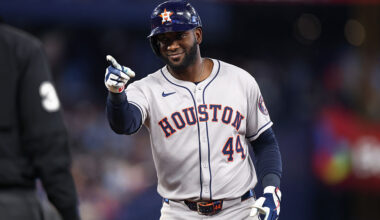 TORONTO, ON - SEPTEMBER 10: Yordan Alvarez #44 of the Houston Astros celebrates on first base during the game between the Houston Astros and the Toronto Blue Jays at Rogers Centre on Wednesday, September 10, 2025 in TorontoOntario, Canada. (Photo by Michael Chisholm/MLB Photos via Getty Images)