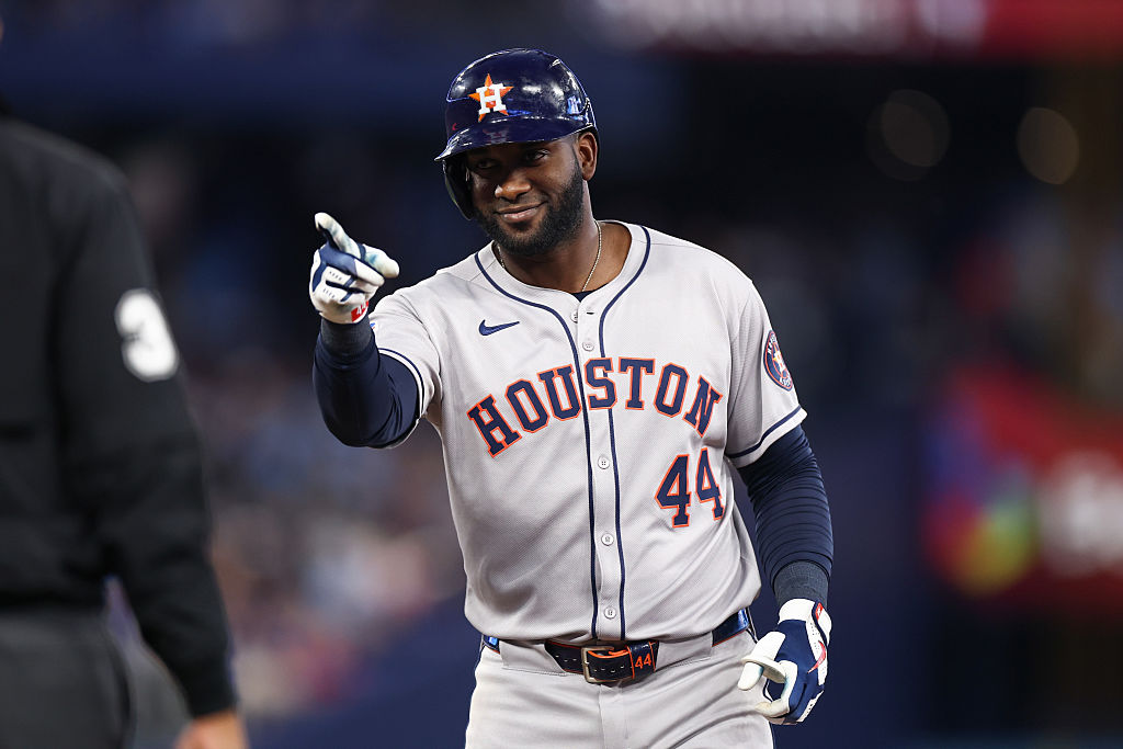 TORONTO, ON - SEPTEMBER 10: Yordan Alvarez #44 of the Houston Astros celebrates on first base during the game between the Houston Astros and the Toronto Blue Jays at Rogers Centre on Wednesday, September 10, 2025 in TorontoOntario, Canada. (Photo by Michael Chisholm/MLB Photos via Getty Images)