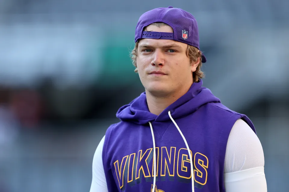 CHICAGO, ILLINOIS - SEPTEMBER 08: J.J. McCarthy #9 of the Minnesota Vikings looks on during warm ups prior to the game against the Chicago Bears at Soldier Field on September 08, 2025 in Chicago, Illinois. (Photo by Michael Reaves/Getty Images)