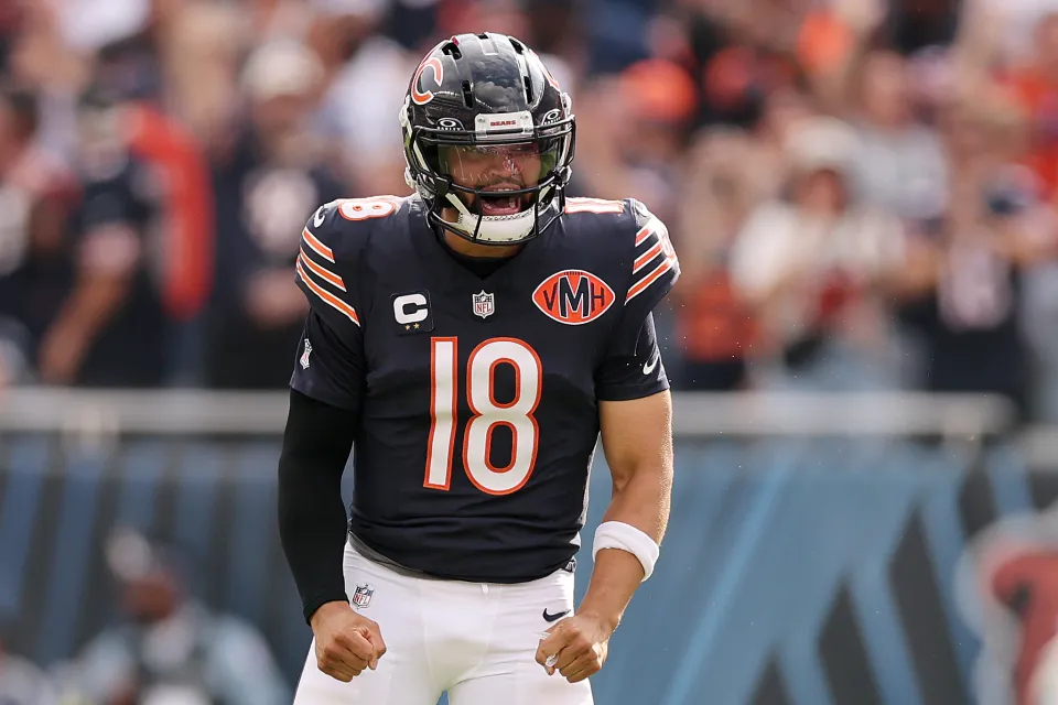 Caleb Williams celebrates after a big play