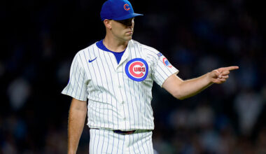 CHICAGO, ILLINOIS - SEPTEMBER 24: Matthew Boyd #16 of the Chicago Cubs reacts in a game against the New York Mets at Wrigley Field on September 24, 2025 in Chicago, Illinois.