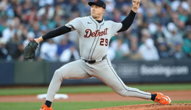 SEATTLE, WASHINGTON - OCTOBER 05: Tarik Skubal #29 of the Detroit Tigers pitches against the Seattle Mariners during the first inning in game two of the Division Series at T-Mobile Park on October 05, 2025 in Seattle, Washington. (Photo by Steph Chambers/Getty Images)