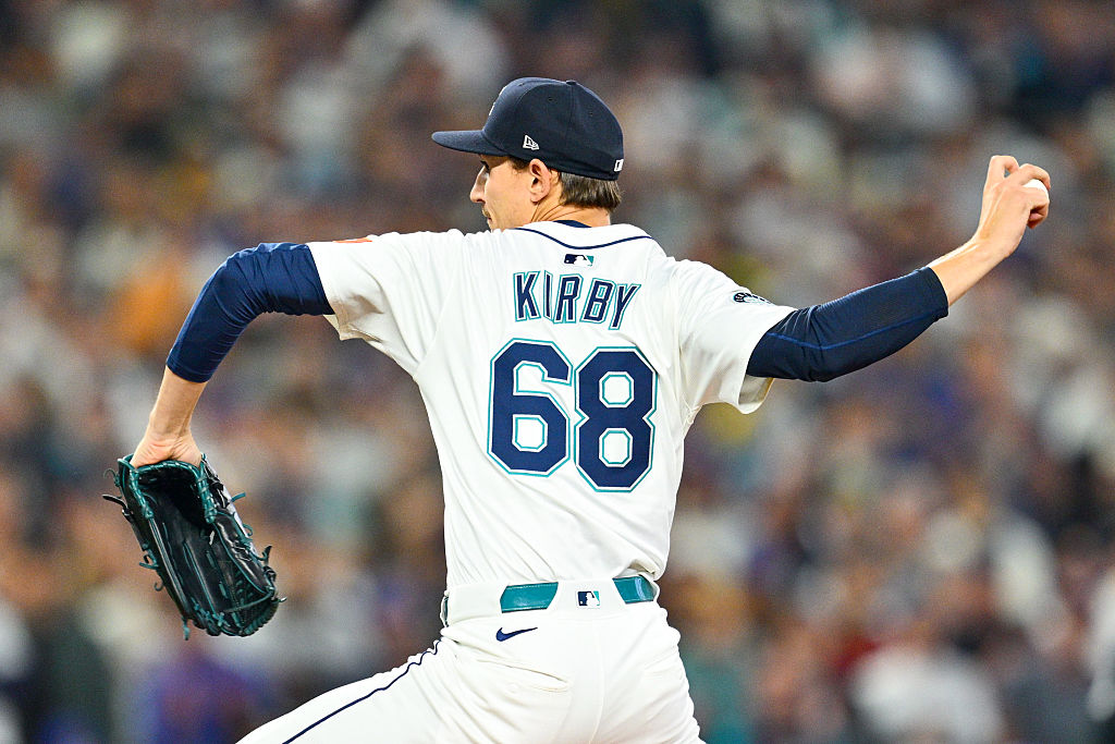 SEATTLE, WA - OCTOBER 10: George Kirby #68 of the Seattle Mariners pitches in the first inning during Game Five of the American League Division Series presented by Booking.com between the Detroit Tigers and the Seattle Mariners at T-Mobile Park on Friday, October 10, 2025 in Seattle, Washington. (Photo by Jane Gershovich/MLB Photos via Getty Images)