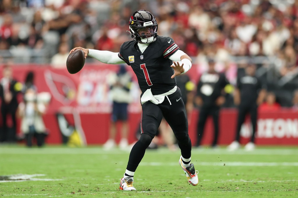 Kyler Murray #1 of the Arizona Cardinals throws a pass during the NFL game at State Farm Stadium on October 05, 2025 in Glendale, Arizona.