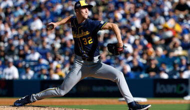 LOS ANGELES, CALIFORNIA - OCTOBER 16: Jacob Misiorowski #32 of the Milwaukee Brewers throws a pitch during the first inning against the Los Angeles Dodgers in game three of the National League Championship Series at Dodger Stadium on October 16, 2025 in Los Angeles, California. (Photo by Harry How/Getty Images)
