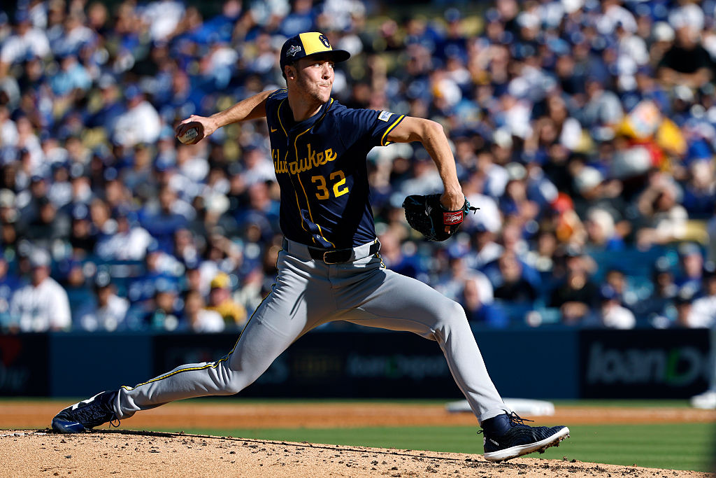 LOS ANGELES, CALIFORNIA - OCTOBER 16: Jacob Misiorowski #32 of the Milwaukee Brewers throws a pitch during the first inning against the Los Angeles Dodgers in game three of the National League Championship Series at Dodger Stadium on October 16, 2025 in Los Angeles, California. (Photo by Harry How/Getty Images)