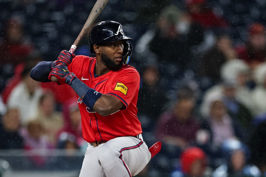 Jurickson Profar #7 of the Atlanta Braves at bat against the Washington Nationals during the first inning in game two of a split doubleheader at Nationals Park on September 16, 2025 in Washington, DC.