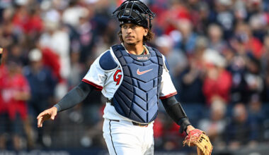 CLEVELAND, OHIO - OCTOBER 02: Bo Naylor #23 of the Cleveland Guardians walks off the field during the third inning in Game Three of the American League Wildcard Series against the Detroit Tigers at Progressive Field on October 02, 2025 in Cleveland, Ohio.