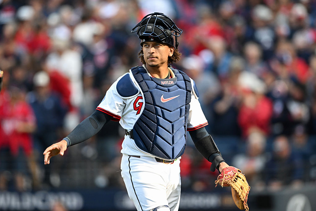 CLEVELAND, OHIO - OCTOBER 02: Bo Naylor #23 of the Cleveland Guardians walks off the field during the third inning in Game Three of the American League Wildcard Series against the Detroit Tigers at Progressive Field on October 02, 2025 in Cleveland, Ohio.