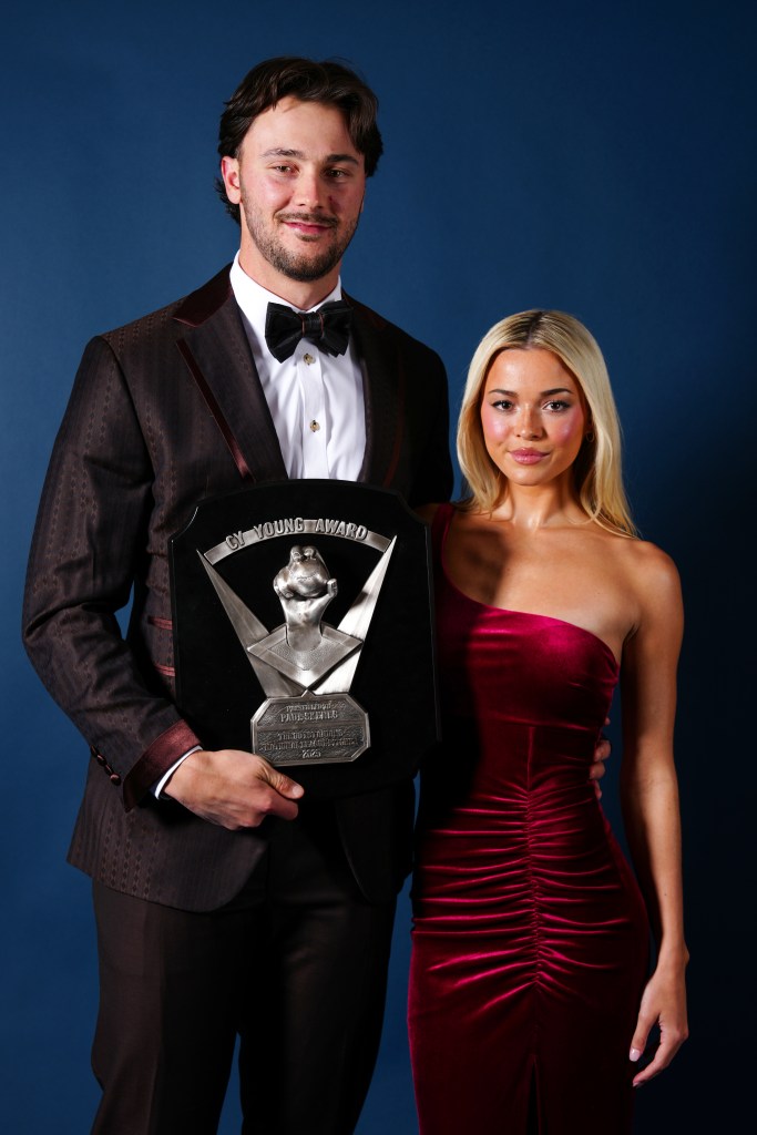 Paul Skenes #30 of the Pittsburgh Pirates poses with Livvy Dunne during the 2026 BBWAA Awards Dinner at New York Hilton Midtown on Saturday, January 24, 2026 in New York, New York. 