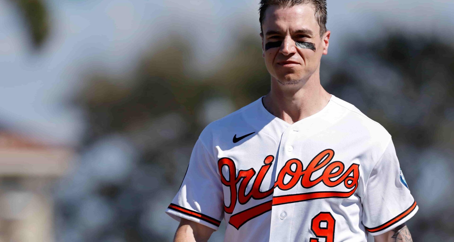 SARASOTA, FL - FEBRUARY 20: Tyler O'Neill (9) of the Baltimore Orioles looks on during a spring training game against the New York Yankees on February 20, 2026 at Ed Smith Stadium in Sarasota, Florida. (Photo by Joe Robbins/Icon Sportswire via Getty Images)