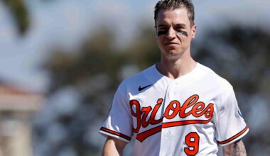 SARASOTA, FL - FEBRUARY 20: Tyler O'Neill (9) of the Baltimore Orioles looks on during a spring training game against the New York Yankees on February 20, 2026 at Ed Smith Stadium in Sarasota, Florida. (Photo by Joe Robbins/Icon Sportswire via Getty Images)