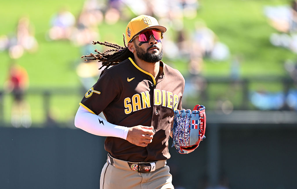 SCOTTSDALE, ARIZONA - FEBRUARY 27: Fernando Tatis Jr. #23 of the San Diego Padres runs to the dugout against the Colorado Rockies during a spring training game at Salt River Fields at Talking Stick on February 27, 2026 in Scottsdale, Arizona.