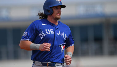 PORT CHARLOTTE, FLORIDA - FEBRUARY 27: Addison Barger #47 of the Toronto Blue Jays runs the bases during the third inning of a spring training game against the Tampa Bay Rays at Charlotte Sports Park on February 27, 2026 in Port Charlotte, Florida.
