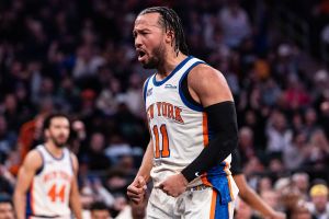NEW YORK, NEW YORK - MARCH 01: Jalen Brunson #11 of the New York Knicks reacts during the first quarter of the game against the San Antonio Spurs at Madison Square Garden on March 01, 2026 in New York City. NOTE TO USER: User expressly acknowledges and agrees that, by downloading and or using this photograph, user is consenting to the terms and conditions of the Getty Images License Agreement. (Photo by Dustin Satloff/Getty Images)